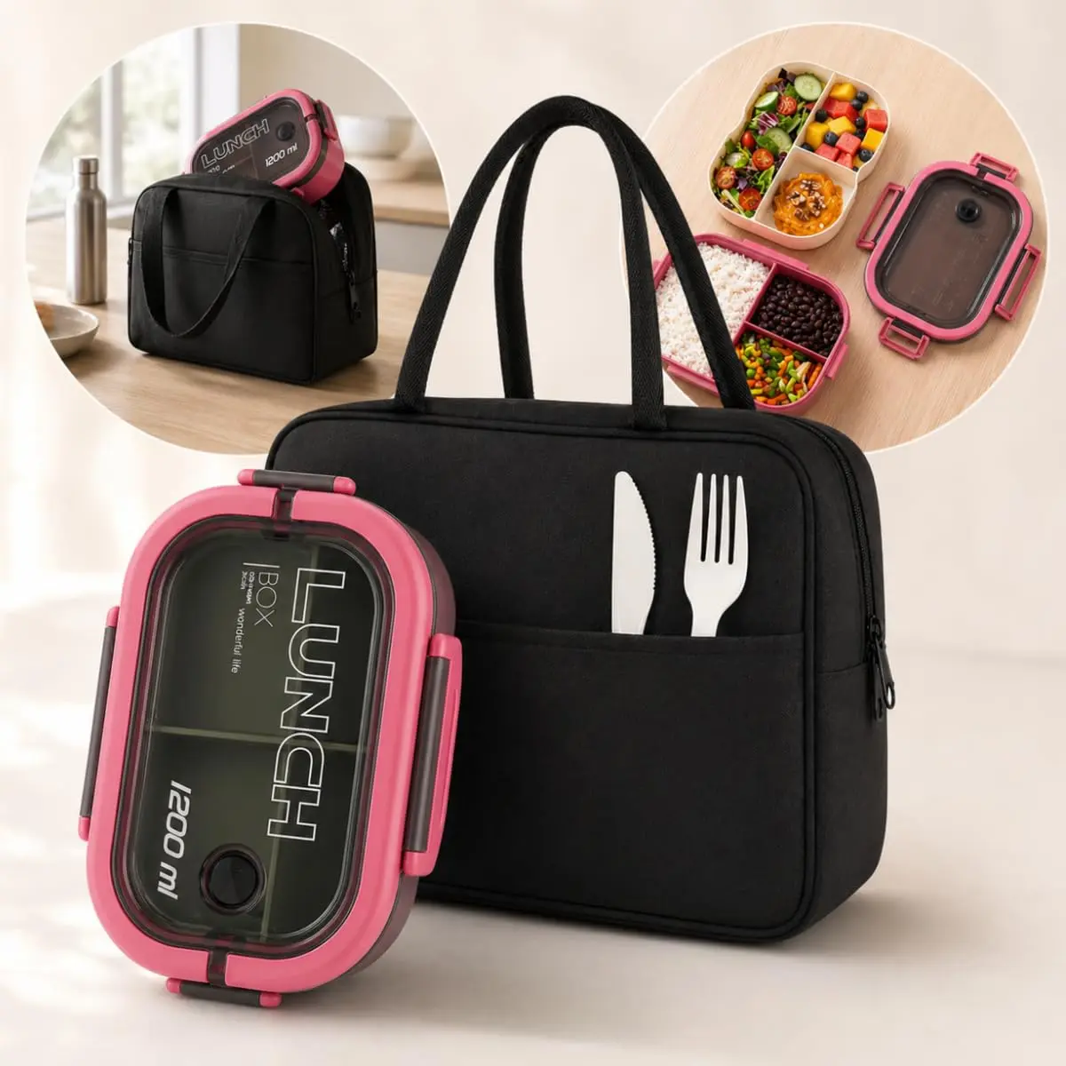 Kit Marmita Hermética Com Divisórias E Bolsa Térmica Com Divisórias Para Trabalho Escritório Academia(PRETO E ROSA)