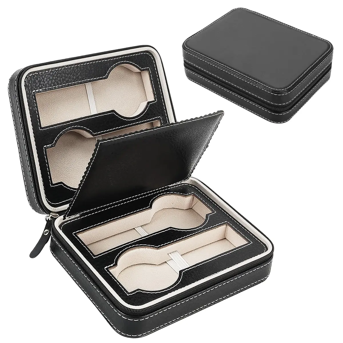 Estojo para 4 Relógios em Couro Sintético, Estojo de Viagem para Relógio, Porta Relógio Masculino, Caixa de Armazenamento de Relógio com Tampa, Porta Relógios Maleta Organizadora