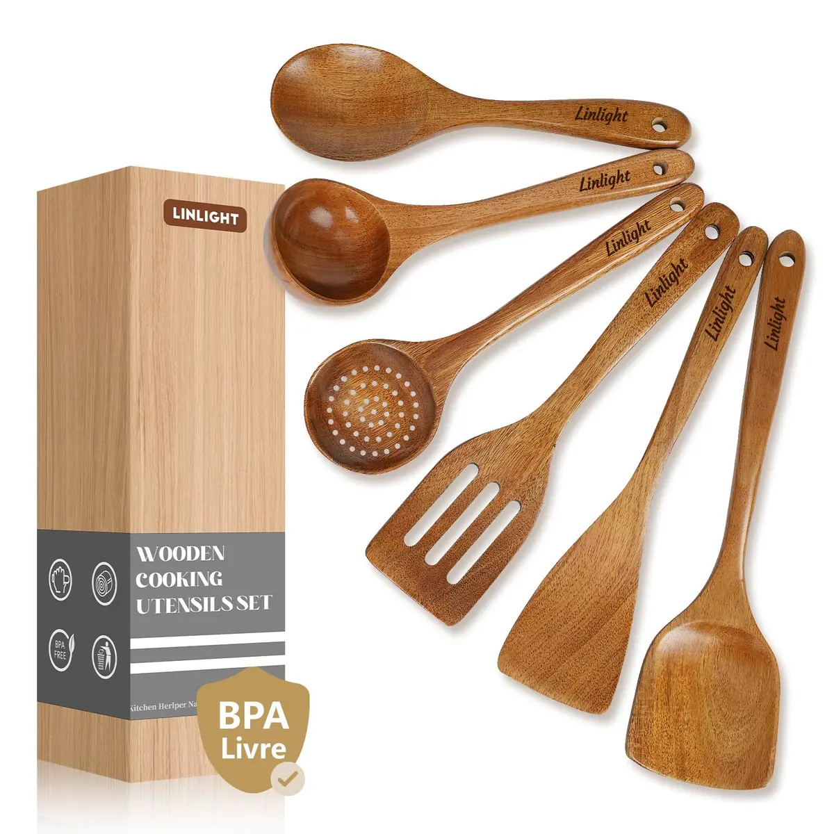 Kit 6 Colher de Pau Jogo de Utensílios Madeira Premium | Leve Resistente, Impactos e Calor, Não gruda na panela e não derrete - 1