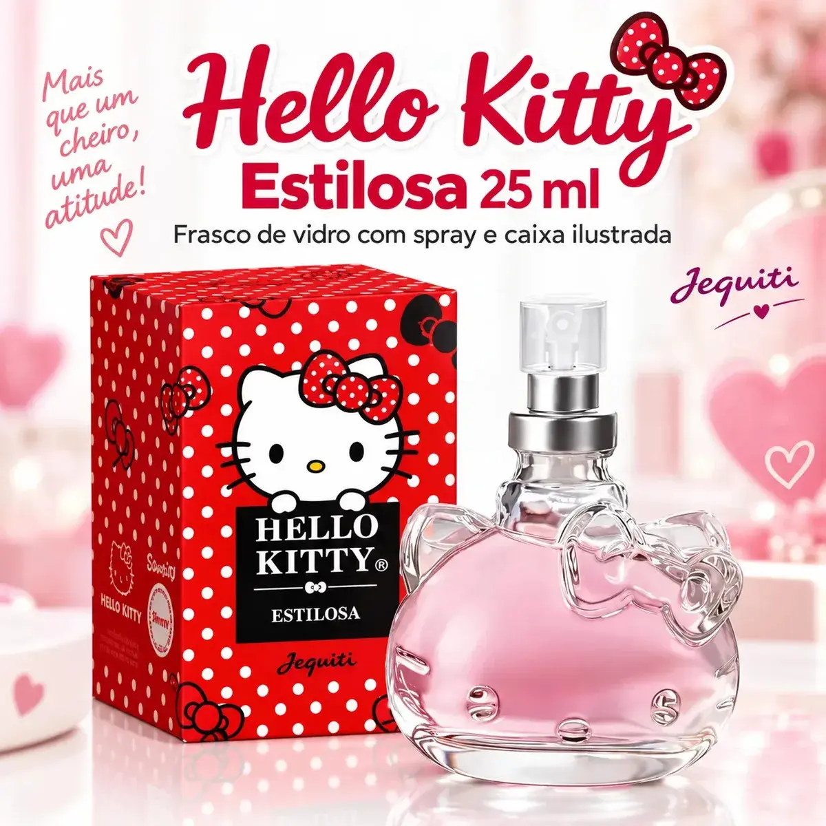 Perfume Hello Kitty Estilosa Jequiti 25ml Desodorante Colônia Feminina Frutal Romântica Frasco de Vidro com Spray Embalagem Compacta para a Bolsa e o Uso Diário thumbnail 2