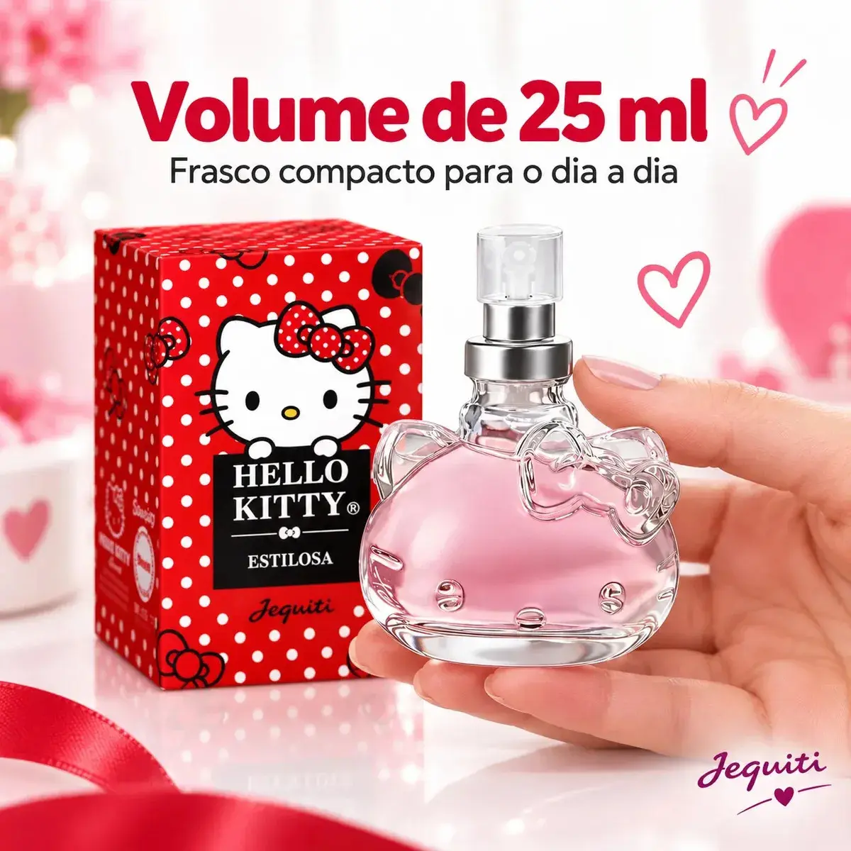 Perfume Hello Kitty Estilosa Jequiti 25ml Desodorante Colônia Feminina Frutal Romântica Frasco de Vidro com Spray Embalagem Compacta para a Bolsa e o Uso Diário thumbnail 3