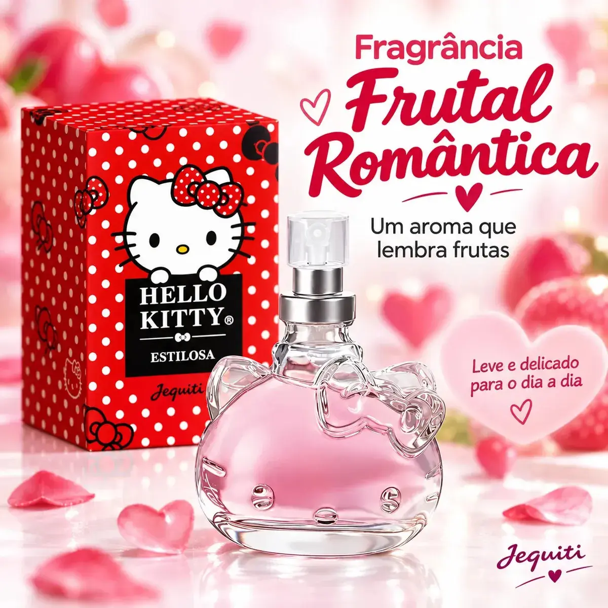 Perfume Hello Kitty Estilosa Jequiti 25ml Desodorante Colônia Feminina Frutal Romântica Frasco de Vidro com Spray Embalagem Compacta para a Bolsa e o Uso Diário thumbnail 5