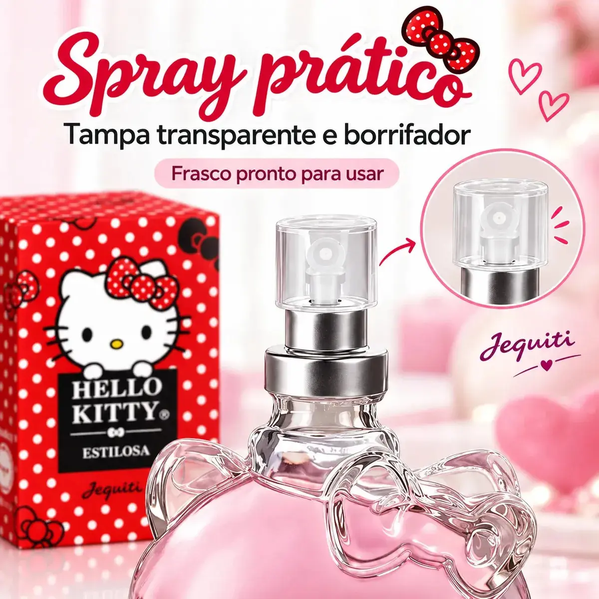 Perfume Hello Kitty Estilosa Jequiti 25ml Desodorante Colônia Feminina Frutal Romântica Frasco de Vidro com Spray Embalagem Compacta para a Bolsa e o Uso Diário thumbnail 7