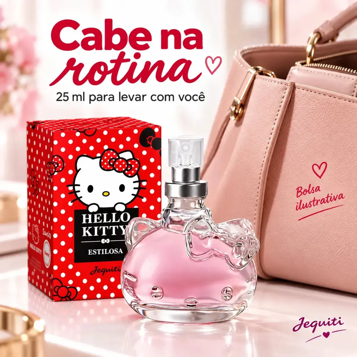 Perfume Hello Kitty Estilosa Jequiti 25ml Desodorante Colônia Feminina Frutal Romântica Frasco de Vidro com Spray Embalagem Compacta para a Bolsa e o Uso Diário thumbnail 8