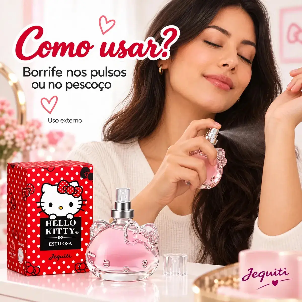 Perfume Hello Kitty Estilosa Jequiti 25ml Desodorante Colônia Feminina Frutal Romântica Frasco de Vidro com Spray Embalagem Compacta para a Bolsa e o Uso Diário thumbnail 9