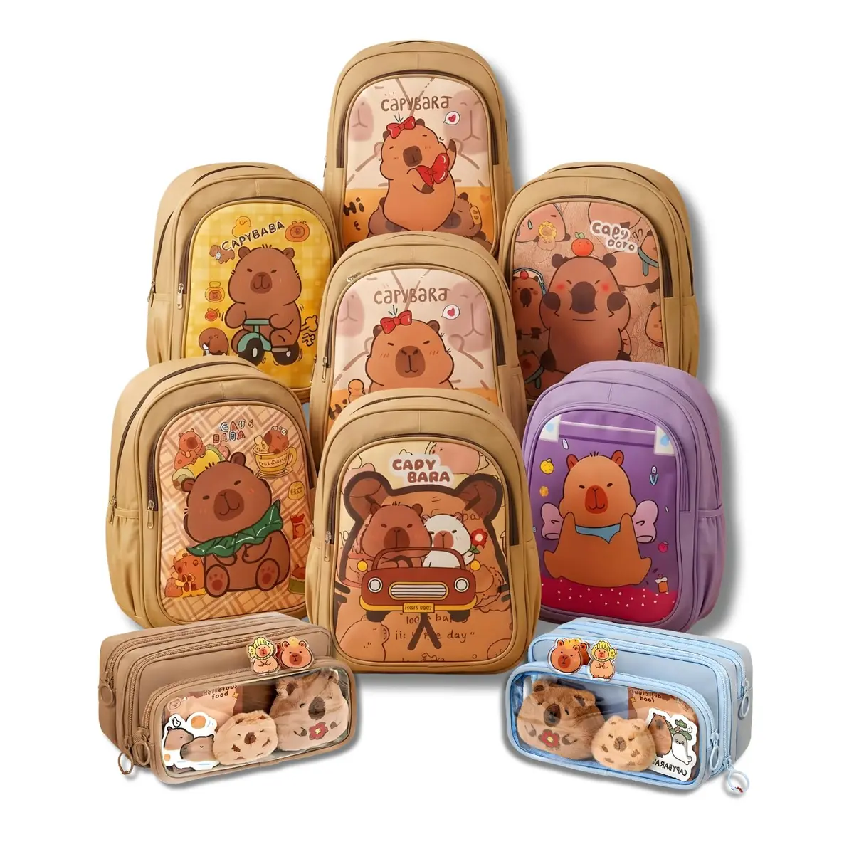 Kit Mochila Capybara Lilás Resistente à Água + Estojo Temático (Capybara ou Panda) com Adesivos e Bonecos Surpresa | Reforçada e Super Espaçosa