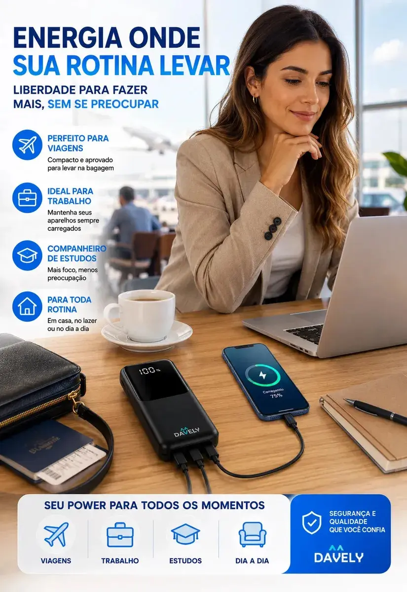 Power Bank 20.000mAh 22.5W Carga Rápida Com Display Digital Carregador Portátil Carga Rápida Premium Compatível Com Todos Os Celulares Iphone Android IOS apple xiaomi LG Samsung Motorola -Marca Davely thumbnail 2