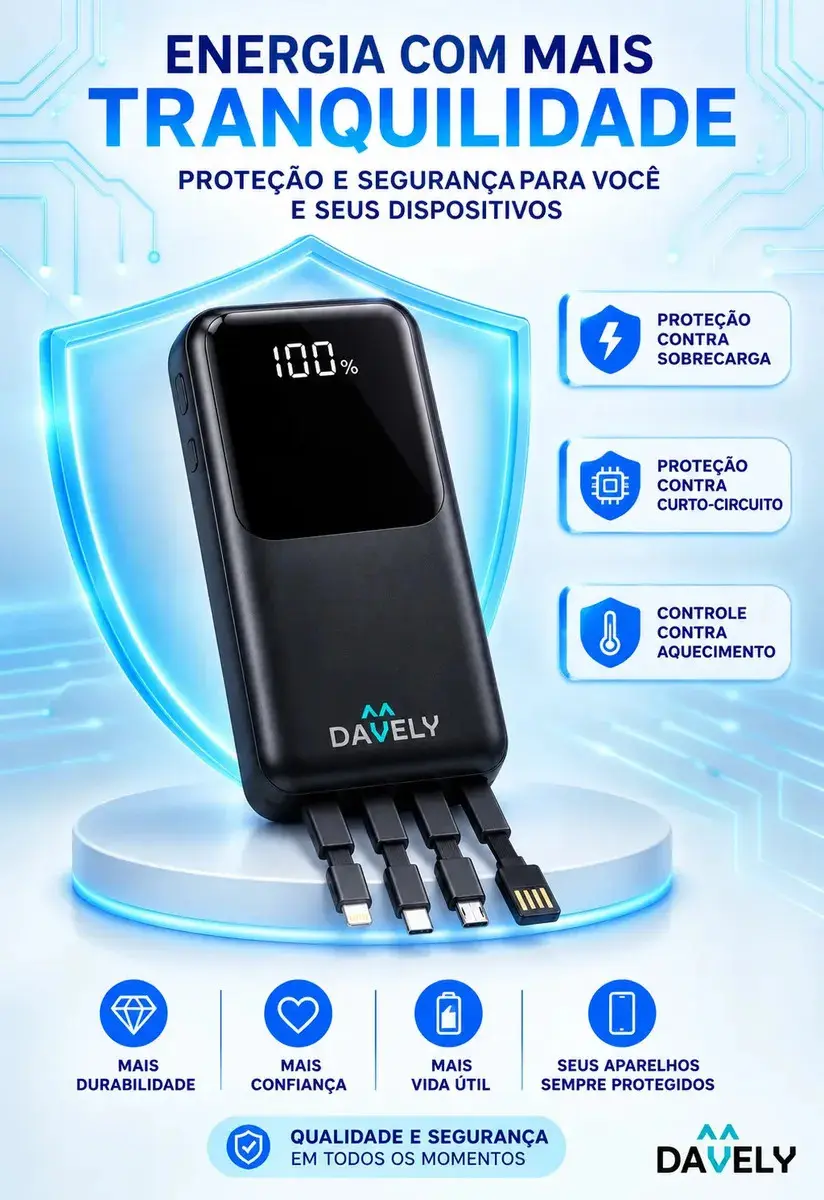 Power Bank 20.000mAh 22.5W Carga Rápida Com Display Digital Carregador Portátil Carga Rápida Premium Compatível Com Todos Os Celulares Iphone Android IOS apple xiaomi LG Samsung Motorola -Marca Davely thumbnail 3
