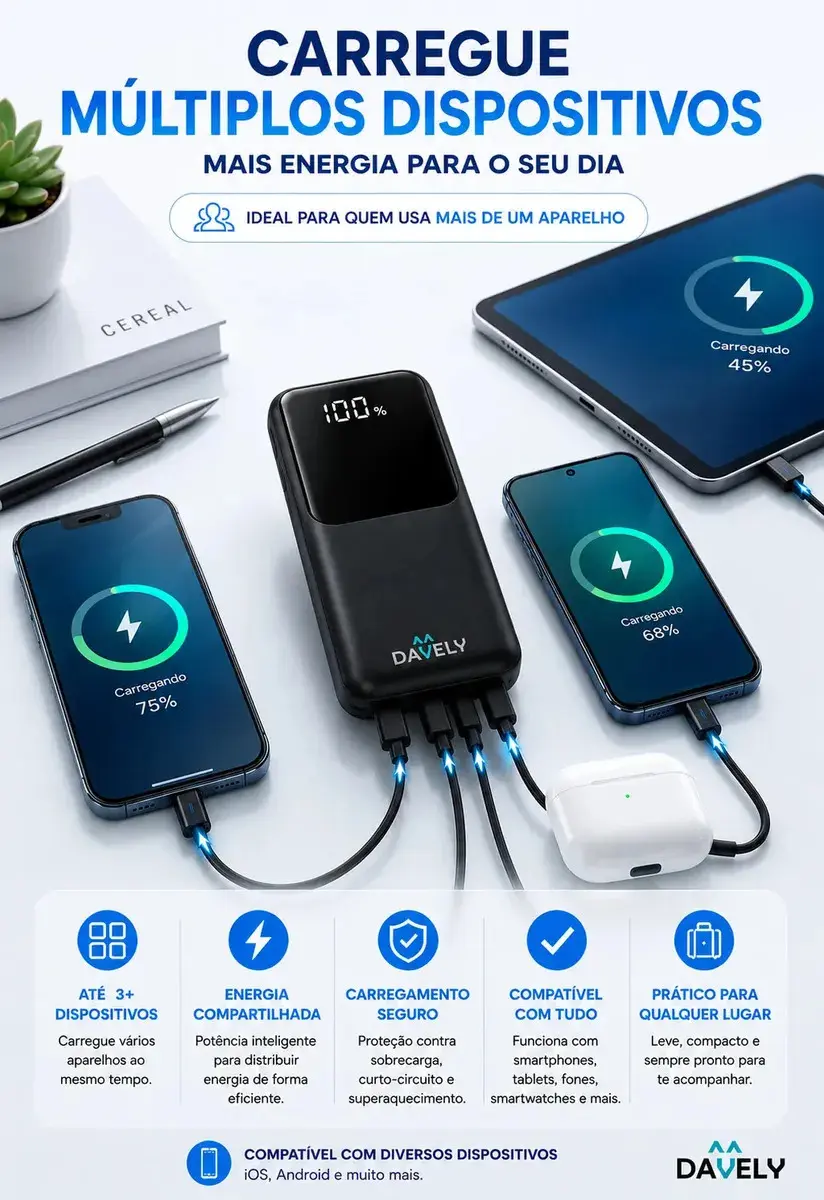 Power Bank 20.000mAh 22.5W Carga Rápida Com Display Digital Carregador Portátil Carga Rápida Premium Compatível Com Todos Os Celulares Iphone Android IOS apple xiaomi LG Samsung Motorola -Marca Davely thumbnail 4