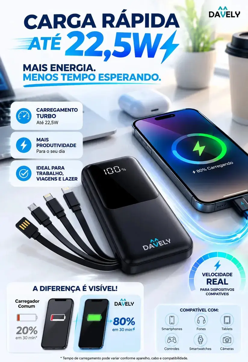 Power Bank 20.000mAh 22.5W Carga Rápida Com Display Digital Carregador Portátil Carga Rápida Premium Compatível Com Todos Os Celulares Iphone Android IOS apple xiaomi LG Samsung Motorola -Marca Davely thumbnail 5