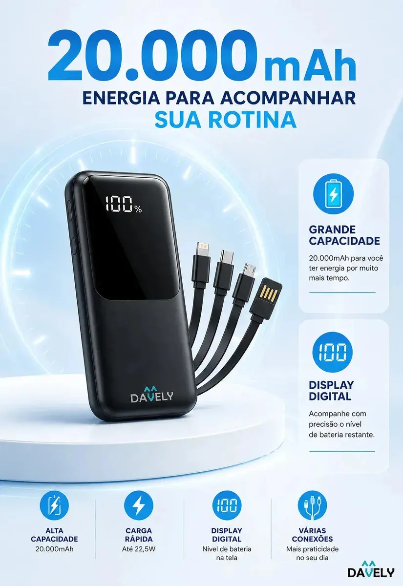 Power Bank 20.000mAh 22.5W Carga Rápida Com Display Digital Carregador Portátil Carga Rápida Premium Compatível Com Todos Os Celulares Iphone Android IOS apple xiaomi LG Samsung Motorola -Marca Davely thumbnail 6