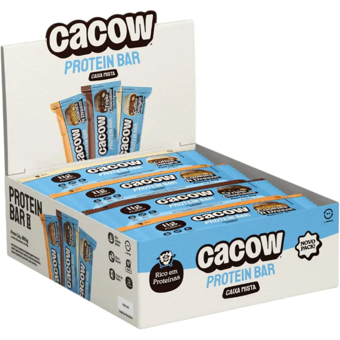 Display, CACOW, Triple Chocolate + Cookies n’ Dream + Coffee Delight, 40g | Barras com 11 g a 13 g de proteína vegetal, sem adição de açúcares, livres de glúten e em embalagens individuais