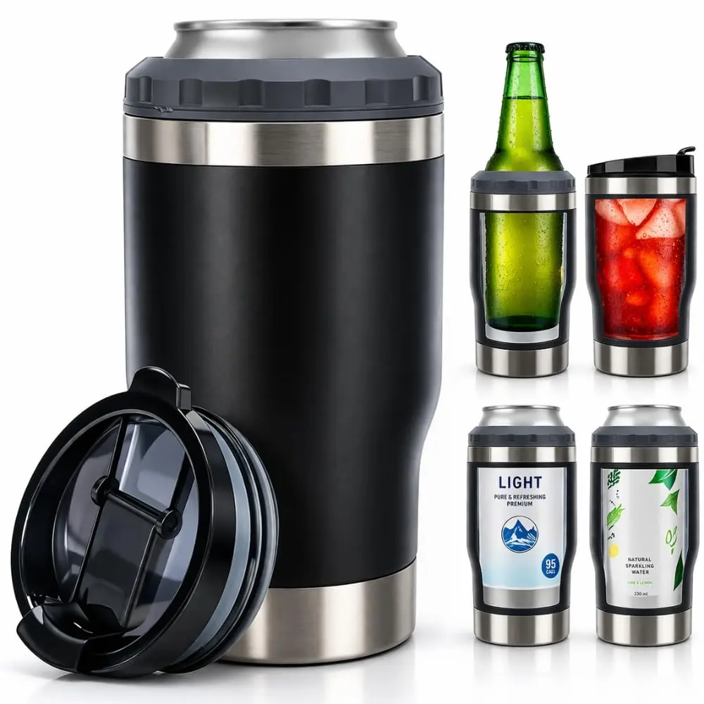 Caneca Porta Latas 4 em 1 Aço Inox Isolamento a Vácuo 355ml Long Neck Preta | Isolamento a Vácuo, Long Neck