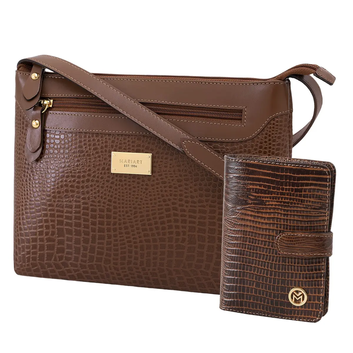 Kit Carteira + Bolsa Feminina Couro Legítimo Mariart Fechamento Zíper 2193+237
