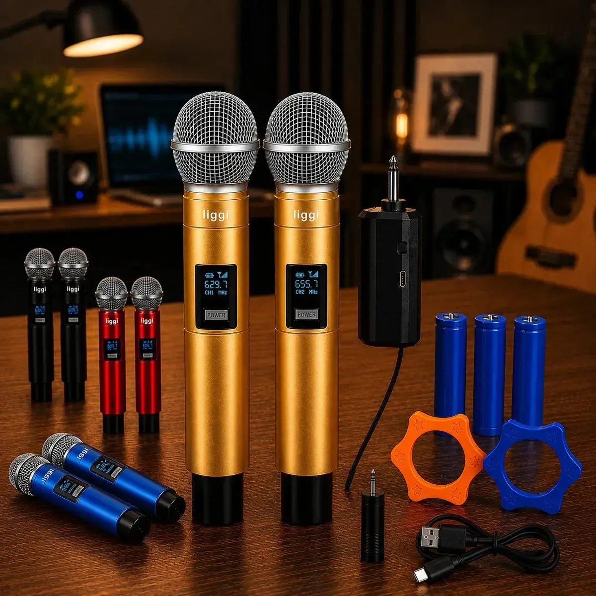 Microfone Sem Fio Duplo LIGGI Para Karaokê e Palestras Com LED - 1