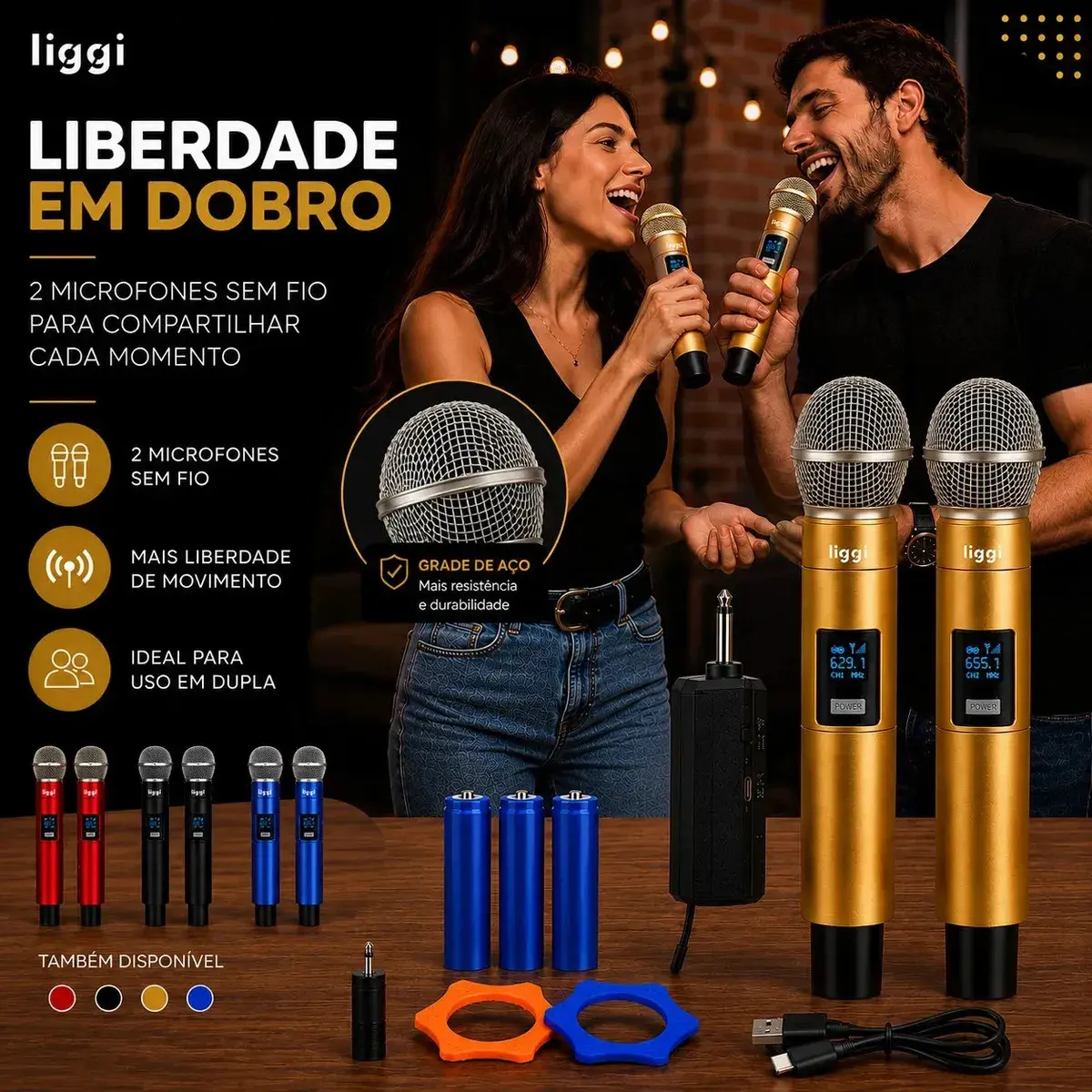 Microfone Sem Fio Duplo LIGGI Para Karaokê e Palestras Com LED thumbnail 2
