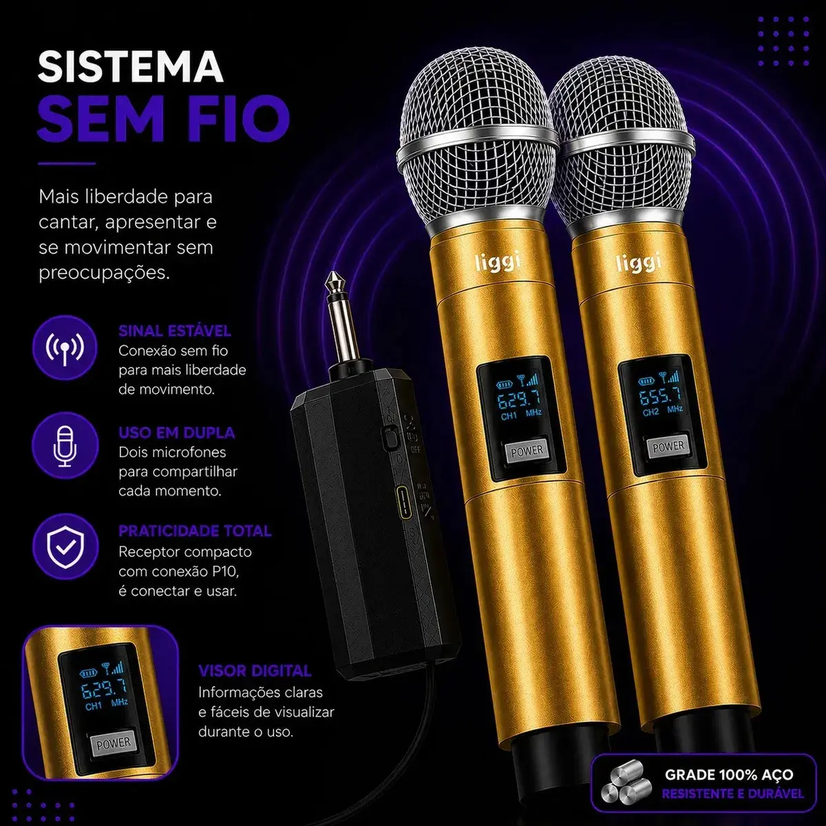 Microfone Sem Fio Duplo LIGGI Para Karaokê e Palestras Com LED thumbnail 3