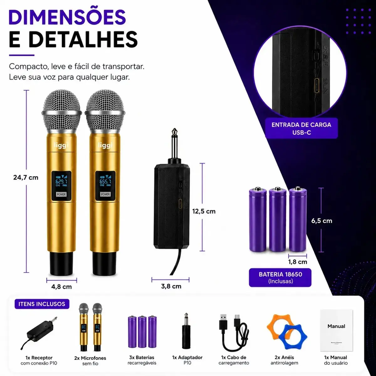 Microfone Sem Fio Duplo LIGGI Para Karaokê e Palestras Com LED thumbnail 5