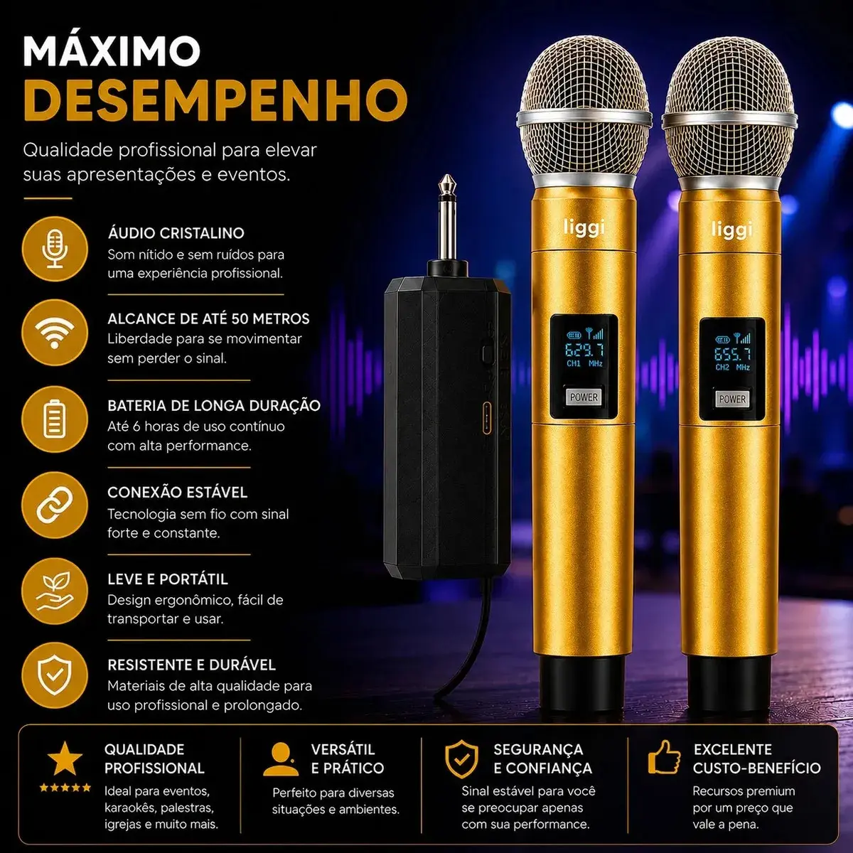 Microfone Sem Fio Duplo LIGGI Para Karaokê e Palestras Com LED thumbnail 6