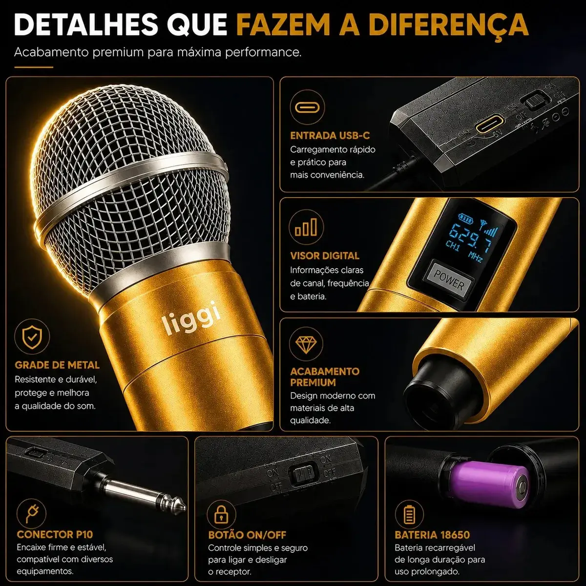 Microfone Sem Fio Duplo LIGGI Para Karaokê e Palestras Com LED thumbnail 7