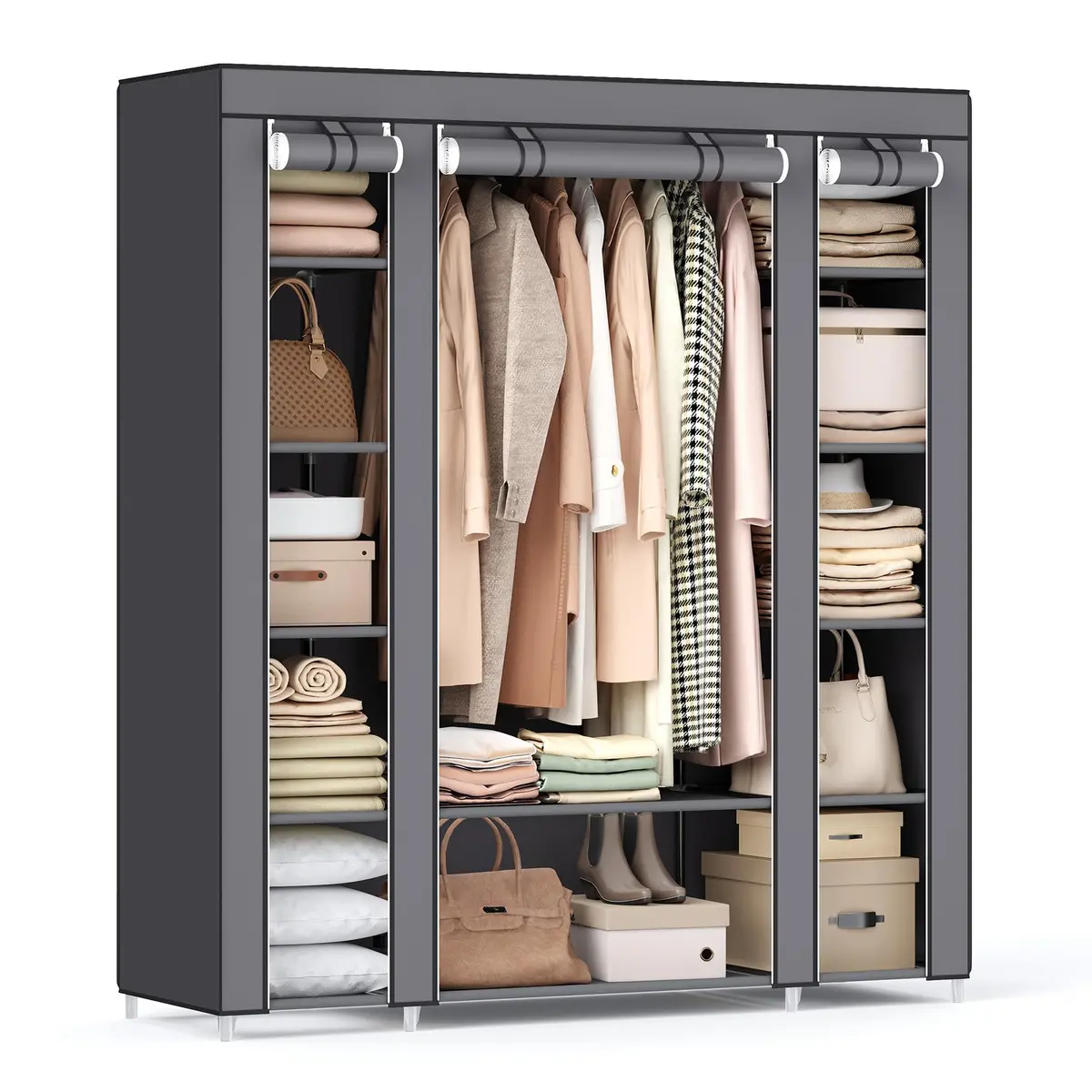SONGMICS Guarda-roupa de Tecido, Cabideiro, 12 Prateleiras, Estrutura de Metal, para Quarto, 45 x 150 x 175 cm, Cinza BRLSF03G