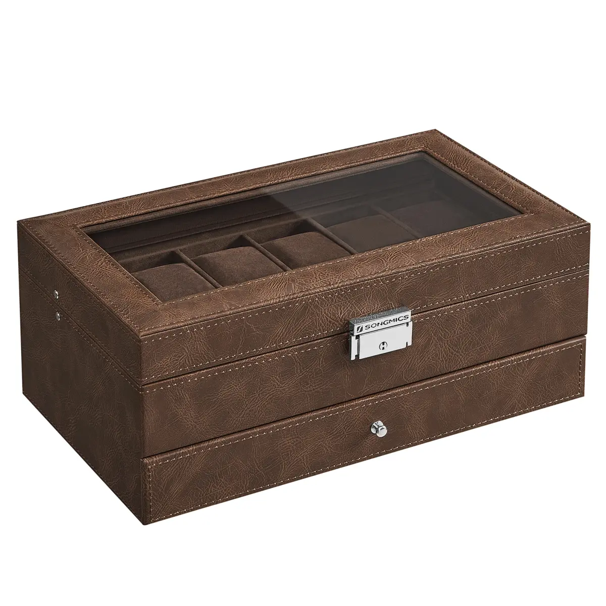 SONGMICS Watch Box, 2-Tier Display Case for 12 Watches up to 48mm with Glass Top, Drawer for Rings and Bracelets, Durable PU Leather, Includes Lock and 2 Keys, Elegant Jewelry Organizer, Brown with Velvet Lining