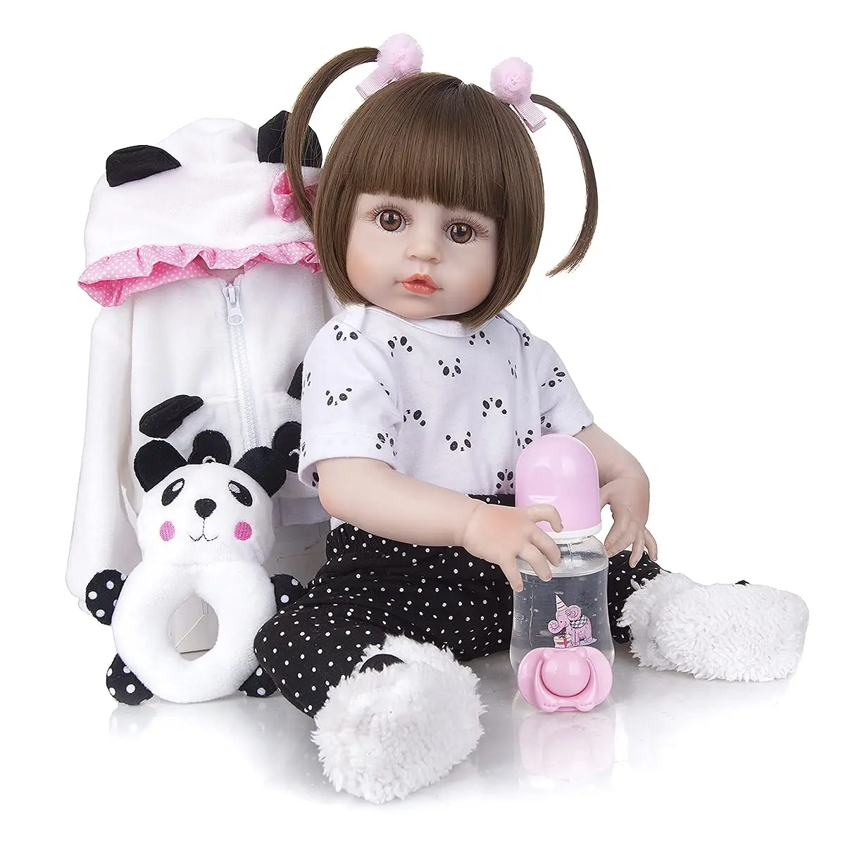 Boneca Bebe Reborn Corpo de Silicone Menina Panda 48cm Pode dar Banho | Realista Pintado Original Presents para Crianças
