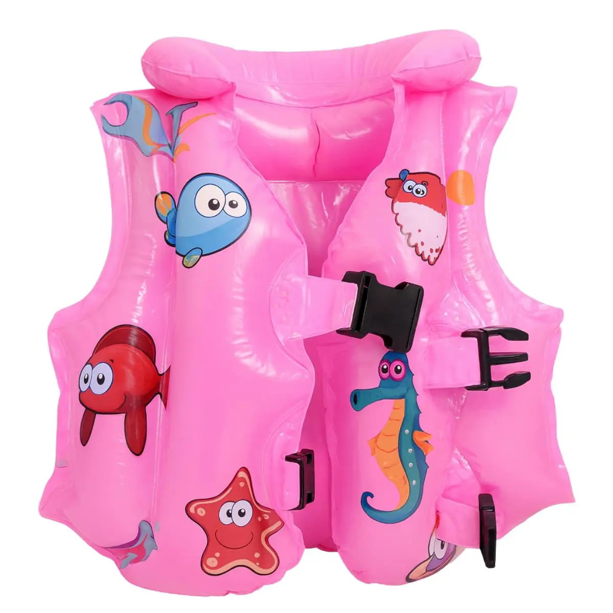 Colete Boia Infantil Rosa Fundo do Mar PVC 34x30cm Tamanhos P/M/G | Auxílio de flutuação com 2 fivelas ajustáveis. Ideal para piscina, praia e clube, conforto e segurança