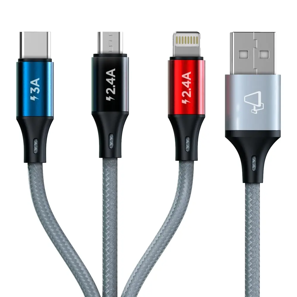 ELG, Cabo CS-31CZ, 3 em 1, Lightning, USB-C, Micro USB, Tecido Trançado, Alumínio Anodizado, 2.4A / 3A, 1.2m