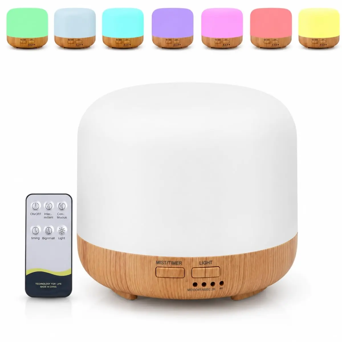 Difusor de Ambiente Elétrico De 300ml Aromatizador de Ambiente Elétrico Para Óleos Essenciais e Essências com Iluminação de Led 7 Cores e Controle Remoto (Madeira Clara B) - 1