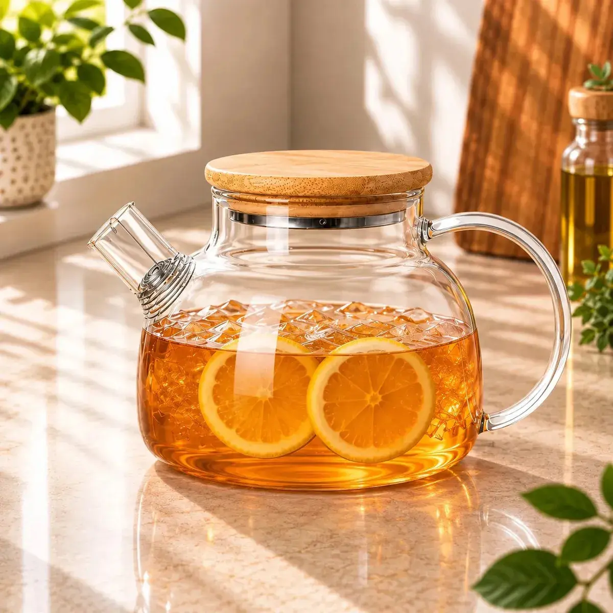 Chaleira De Vidro Tampa De Bambu Transparente com Filtro Infusor Inox para Chá Café Transparente Pacotinho Decor