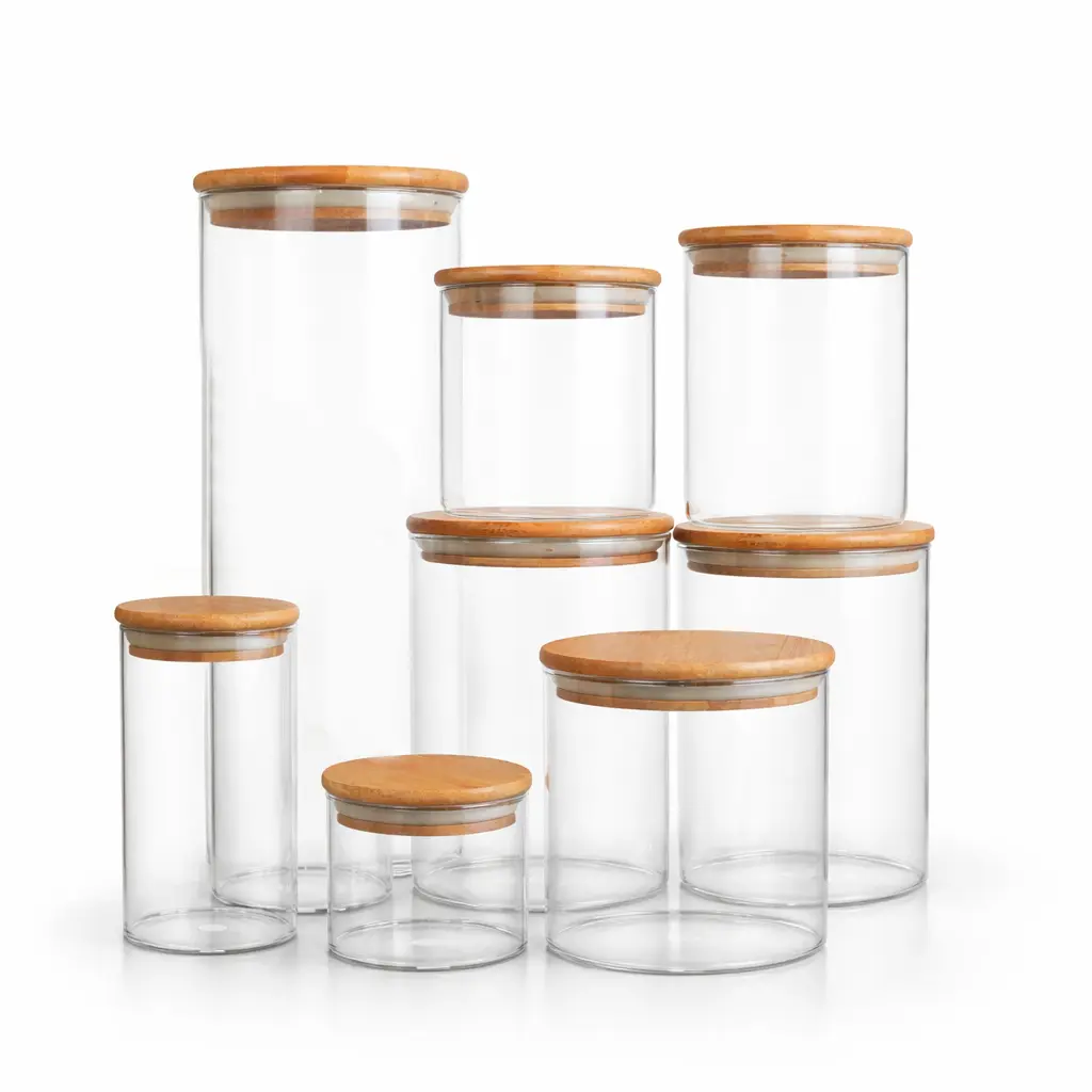 Kit Potes De Vidro Tampa De Bambu Recipiente de Armazenamento Vários Tamanhos Transparente - 1