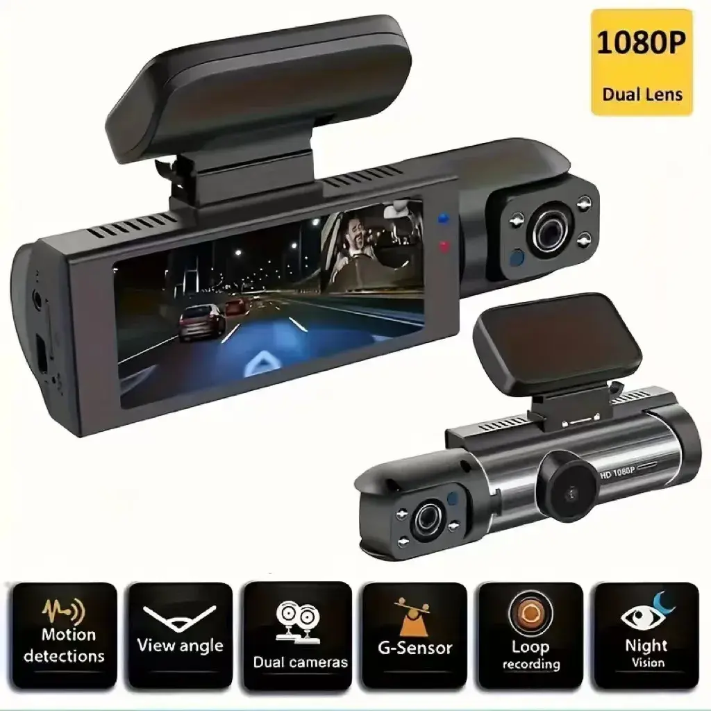 Câmera Veicular Dual com Visão Noturna IR 1080P, Gravação Frontal e Traseira, Grande Ângulo e Gravação em Loop DVR