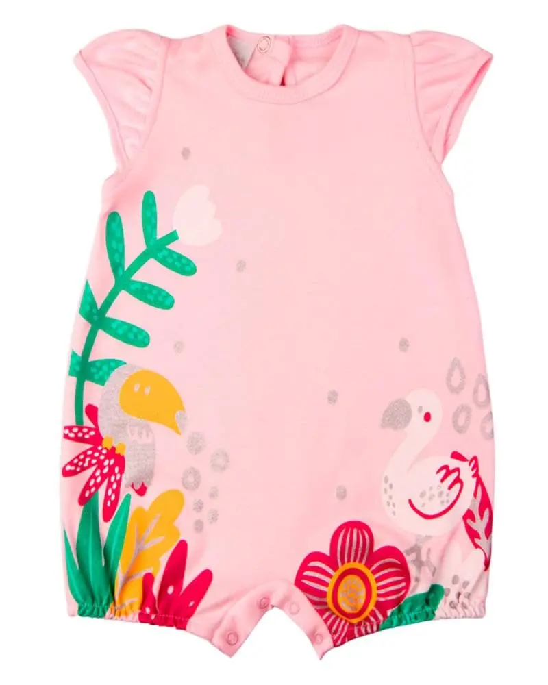 Macacão Bebê Menina Verão Sem Mangas Suedine Silk Screen Tucano e Flamingo - Rosa