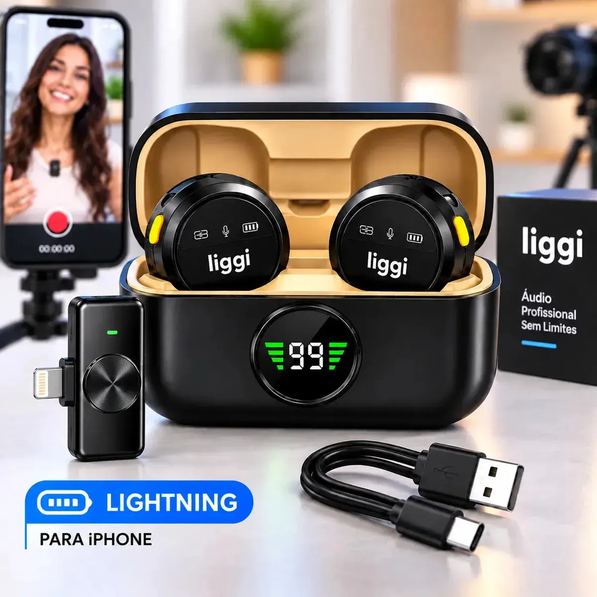 Microfone Lapela Redondo Imã Sem Fio Preto Duplo Anti Ruído Cor Preto - Lightning IPhone 8 ao 14 - 1