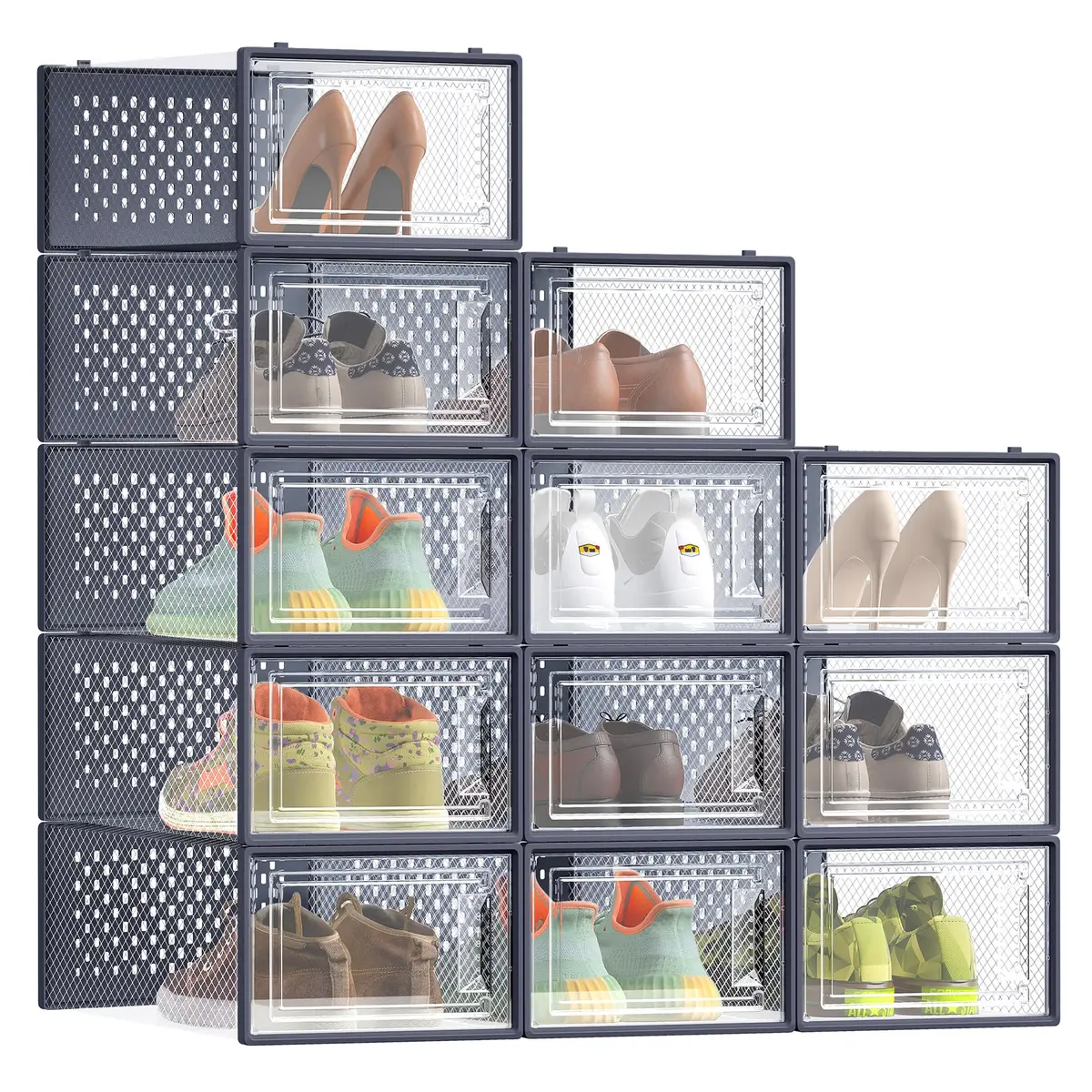 SONGMICS Caixas para Sapatos, Conjunto de 12, Dobráveis e Empilháveis | Organizador de Sapatos em Plástico, para Sapatos até o Tamanho 44, Azul-acinzentado Escuro, Coleção DENNYS BRLSP066Q12