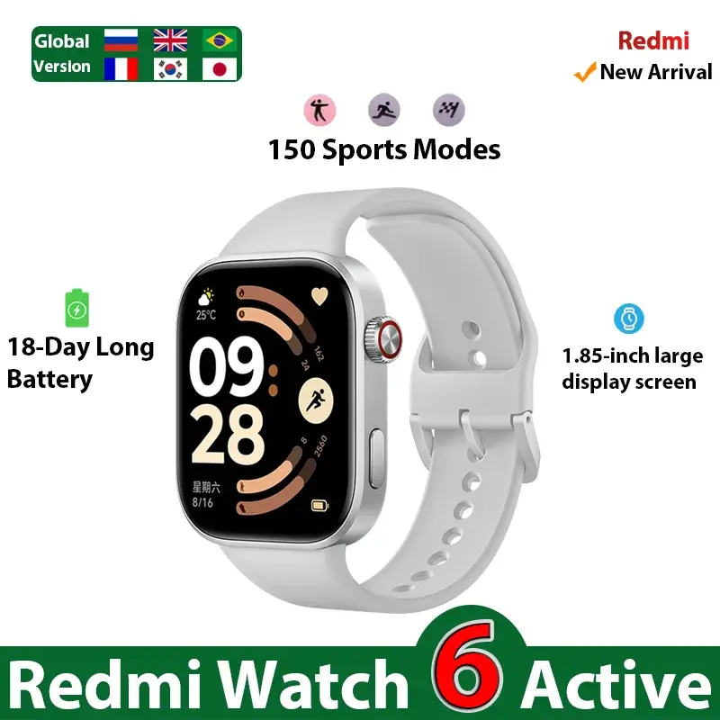 Versão global do Redmi Watch 6 Active, smartwatch com ecrã AMOLED de 1,85", bateria com autonomia de 18 dias, chamadas via Bluetooth, monitorização de saúde 24 horas e resistência à água até 5 ATM.