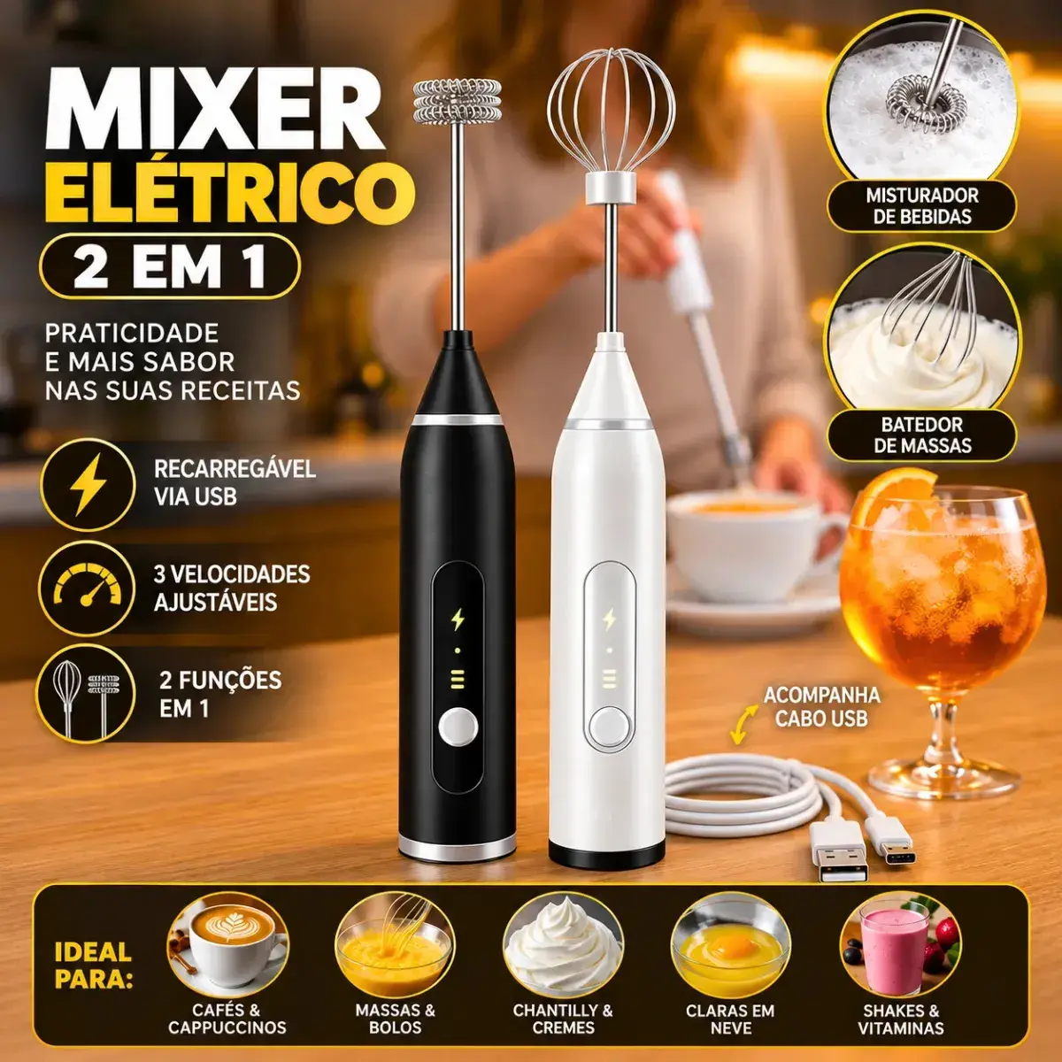 Mini Mixer Misturador De Bebidas Elétrico 2 Em 1 Portátil Recarregável Mexedor De Ovos Leite Whey Café Espuma Shake Drinks Capuccino Suco Blackbom