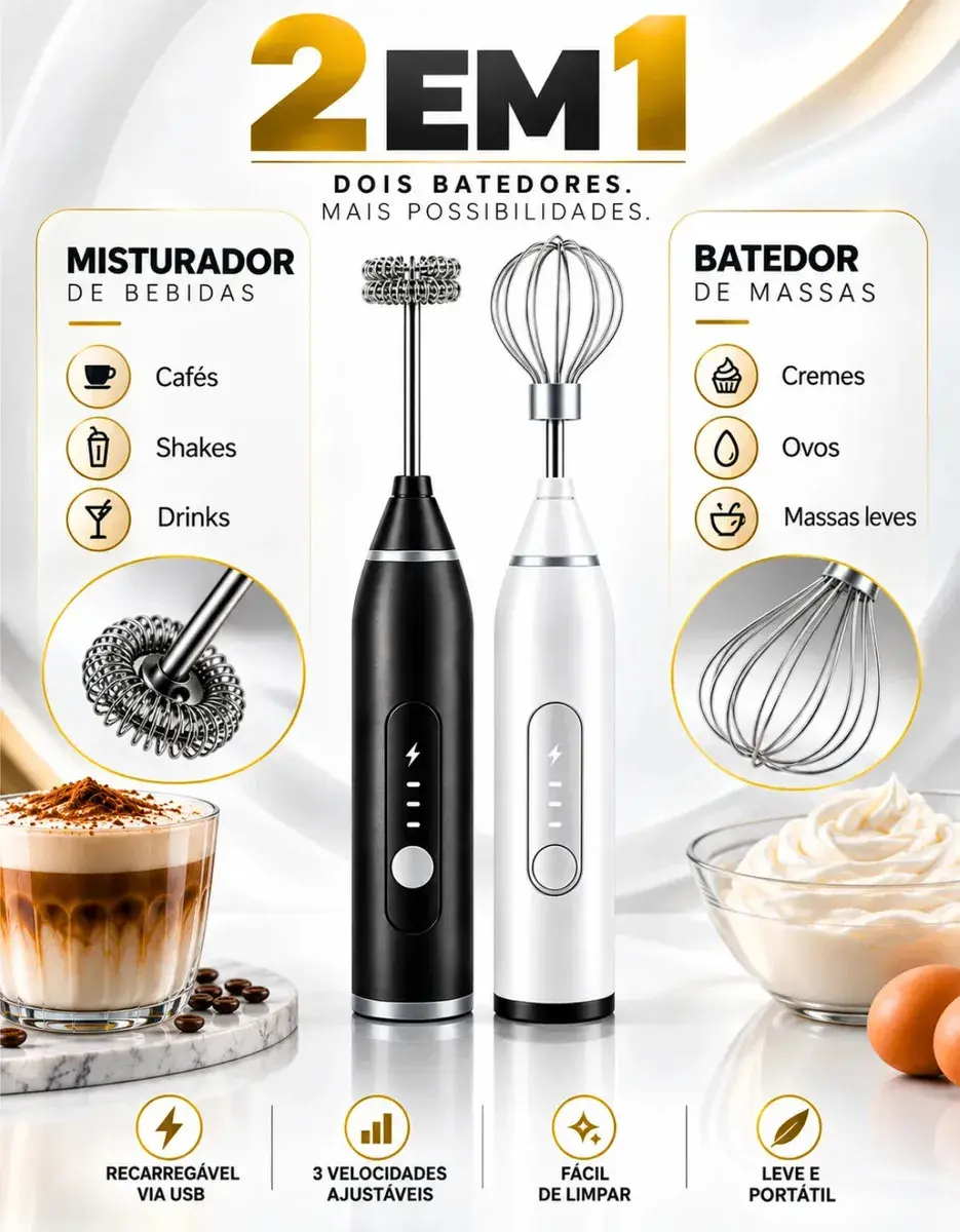 Mini Mixer Misturador De Bebidas Elétrico 2 Em 1 Portátil Recarregável Mexedor De Ovos Leite Whey Café Espuma Shake Drinks Capuccino Suco Blackbom thumbnail 2