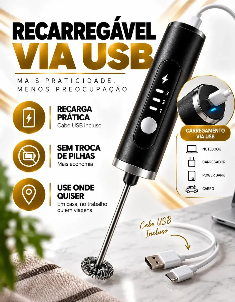 Mini Mixer Misturador De Bebidas Elétrico 2 Em 1 Portátil Recarregável Mexedor De Ovos Leite Whey Café Espuma Shake Drinks Capuccino Suco Blackbom thumbnail 3