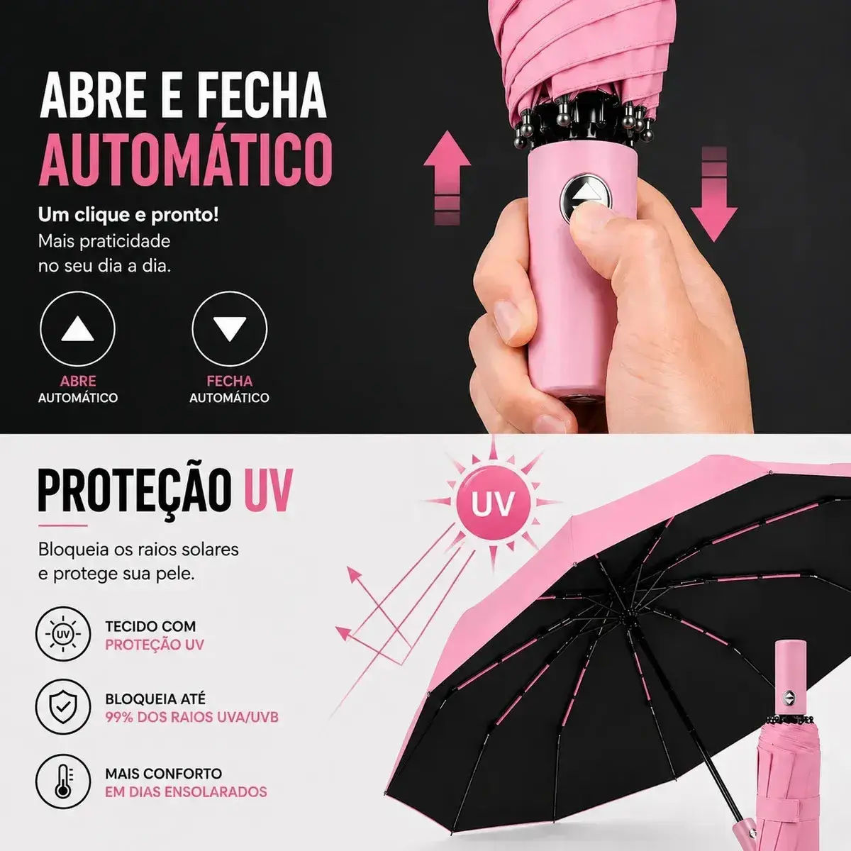 Guarda Chuva Abre E Fecha Automático Reforçado Contra Vento Cor Rosa Do Tecido Liso thumbnail 2