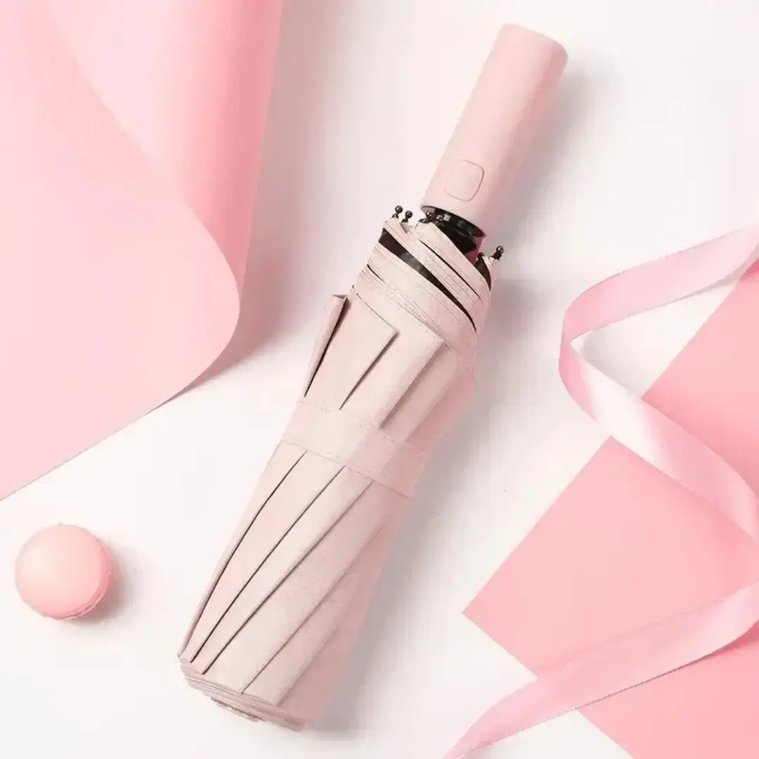 Guarda Chuva Abre E Fecha Automático Reforçado Contra Vento Cor Rosa Do Tecido Liso thumbnail 3