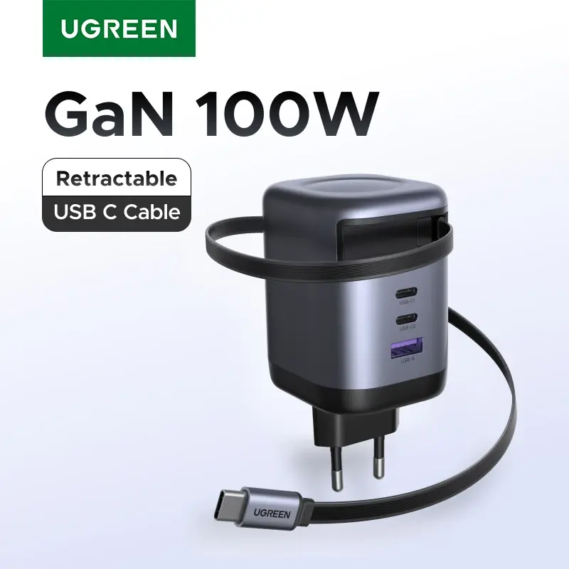 Carregador UGREEN 100W GaN com Cabo USB-C Retrátil, Compatível com UFCS, PPS, PD, Carregamento Rápido para Notebook, MacBook Pro, iPad, Tablet, iPhone, Samsung - 1