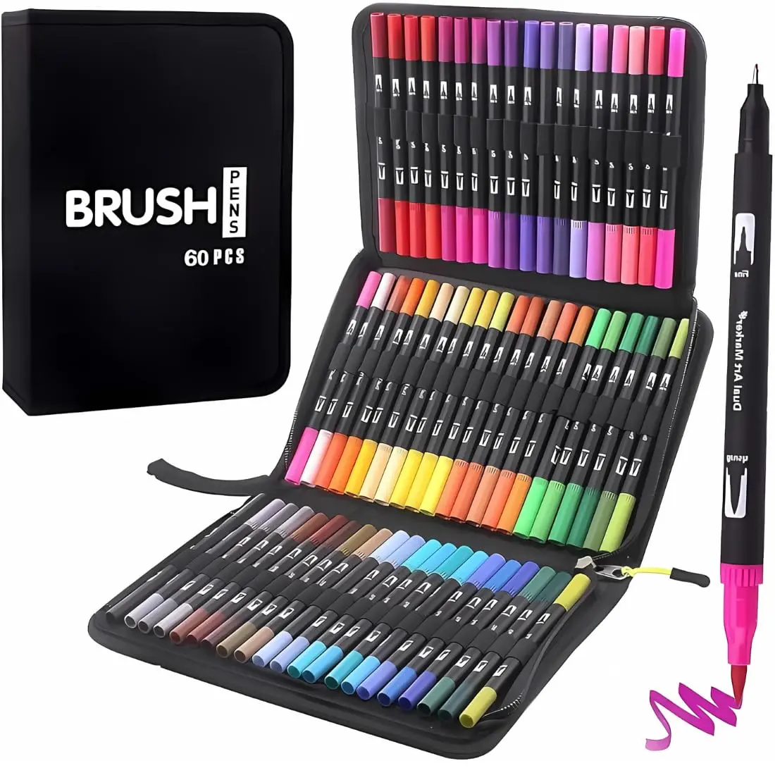 Canetas Brush Pen 60 Cores Ponta Dupla Fina 0 4mm e Pincel Base Água | Kit 60 canetas ponta dupla base água para lettering desenho colorir planner caligrafia acompanha estojo uso infantil e