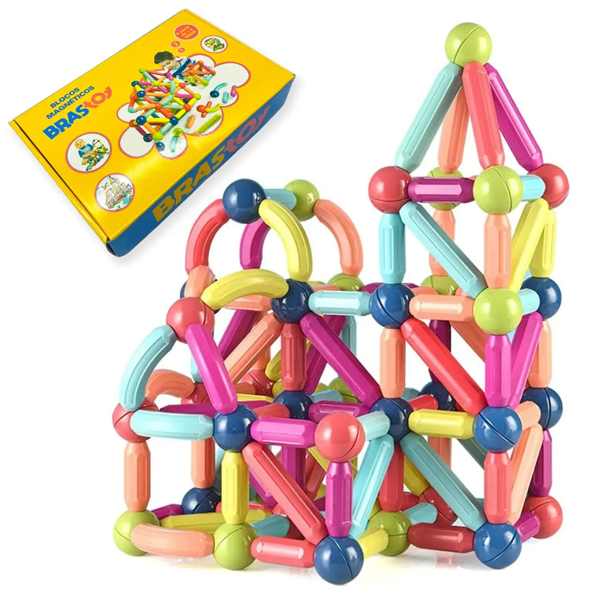 Brastoy Blocos De Bastões Magnéticos Construção Brinquedo Educativo Infantil (68 Peças)