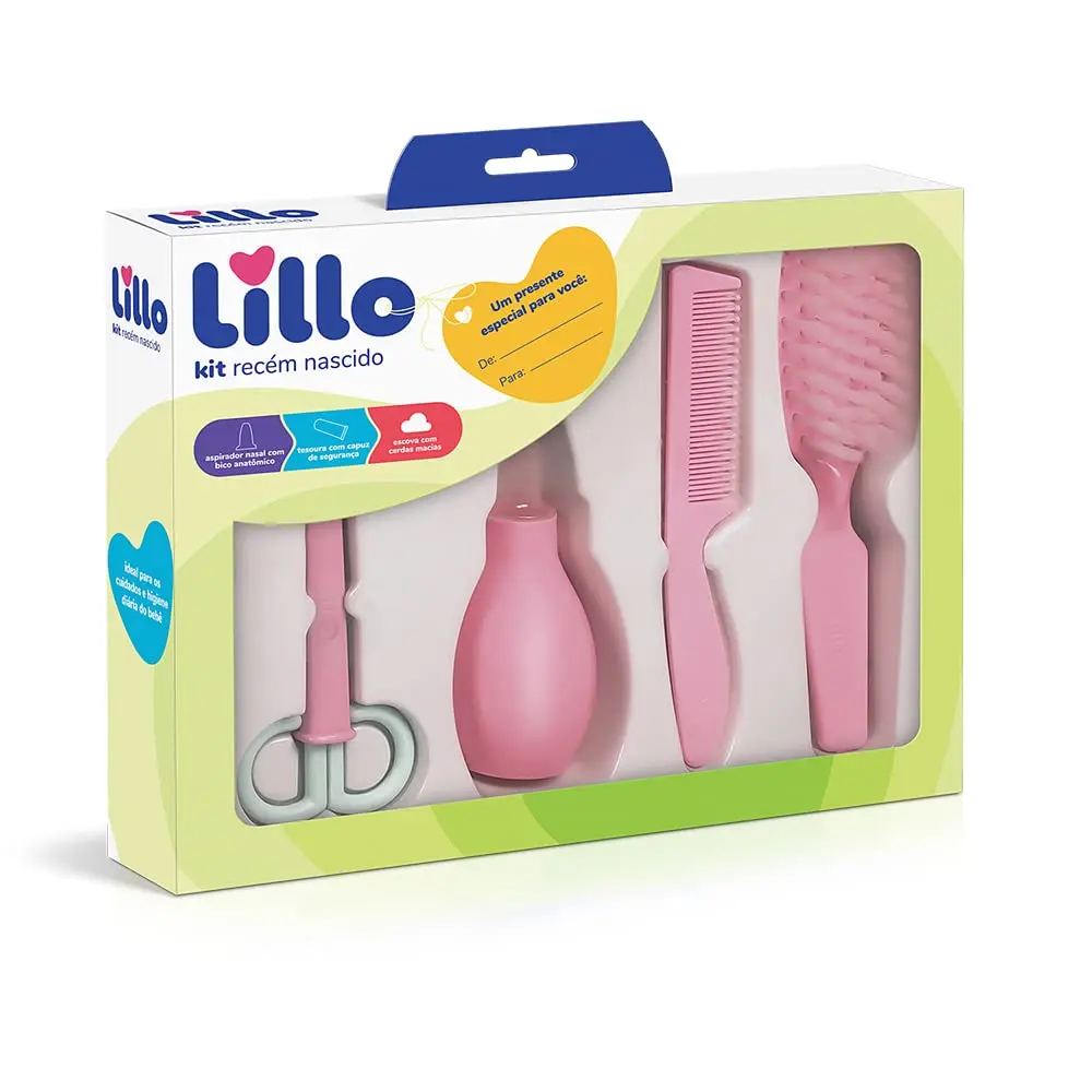 Kit de Higiene para Recém-Nascido Lillo, Rosa | Aspirador nasal, tesoura, pente e escova de cabelo