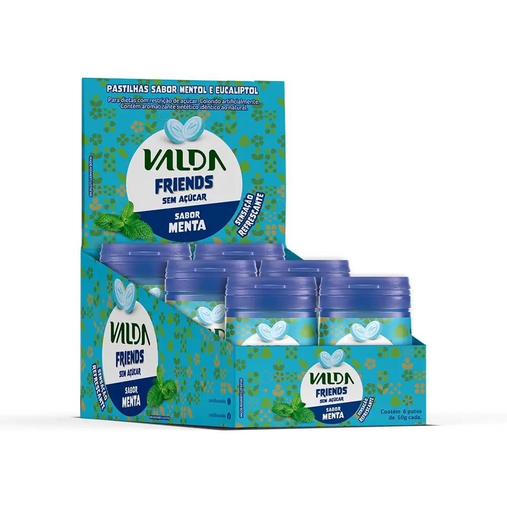 Pastilhas Valda Friends com Mentol e Eucaliptol - Sem Açúcar (Sabor Menta) - Refrescância Instantânea – Kit com 6 Potes de 50g