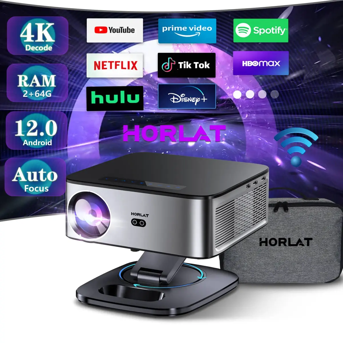 Projetor HORLAT 4K Android 35000 Lumens, Decodificação 8K, Beamer de Vídeo e Áudio para Home Theater, Foco Automático, Keystone, WiFi 5G, Projetor Portátil - 1