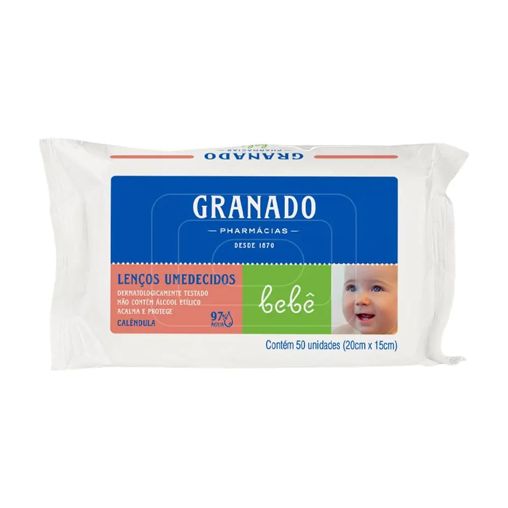 Granado Lenço Umedecido Bebê, Calêndula, 50 Unidades | Lenços macios, flexíveis e resistentes.