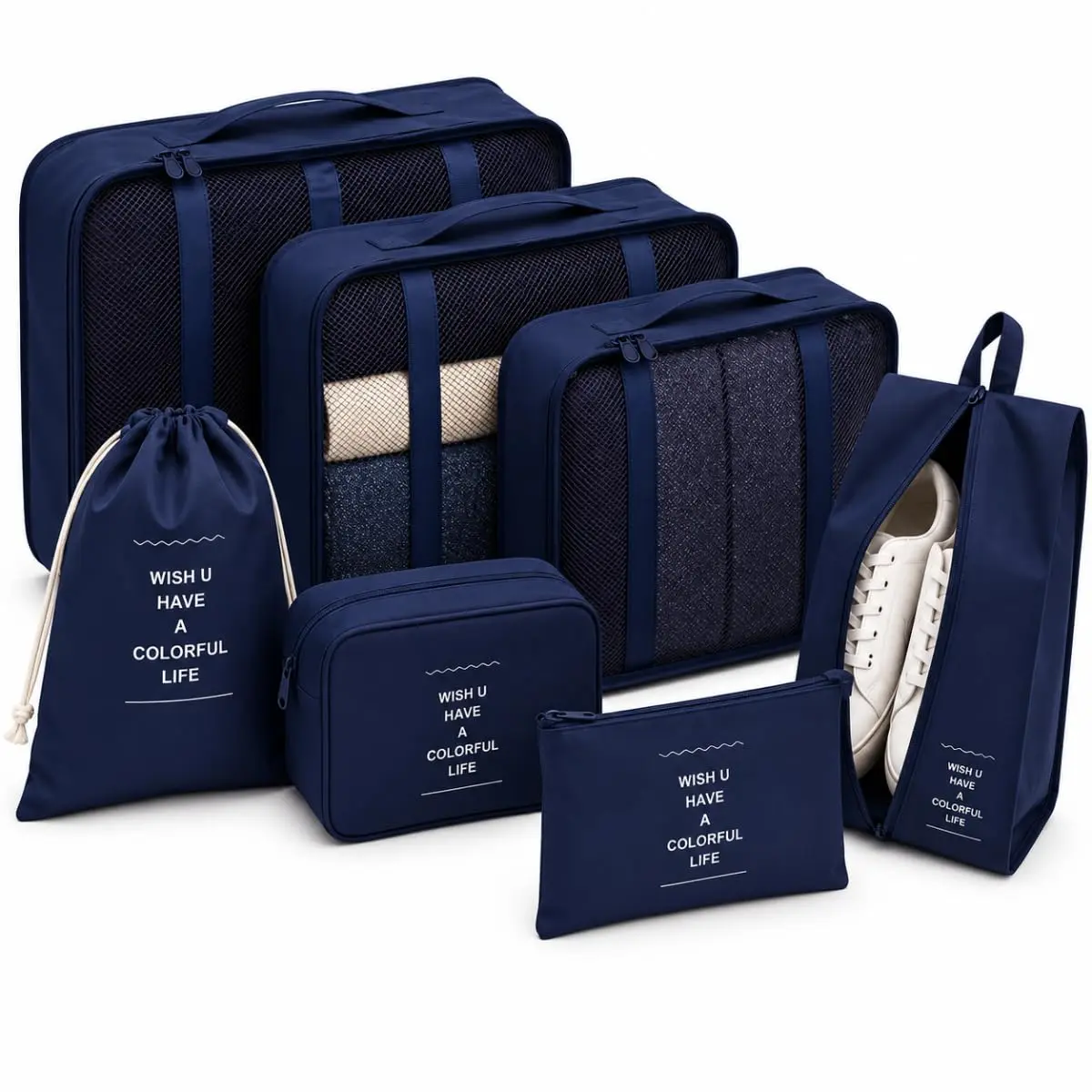 Kit Organizador de Mala Viagem 7 Peças Bolsa Organizadora Bagagem Azul | Bolsa Organizadora de Malas para Viagens - Kit Viagem com 7 Unidades - Necessaire Organização - Roupas Sapatos Cosméticos